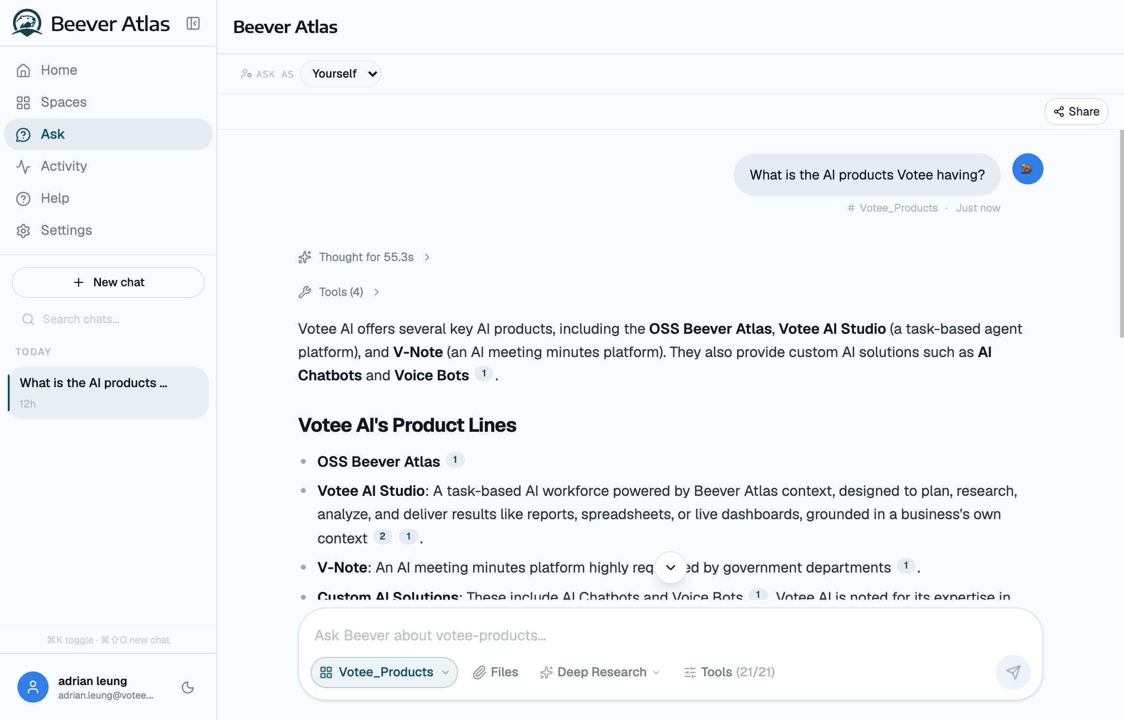 Beever Atlas answering a cited question in a chat interface
