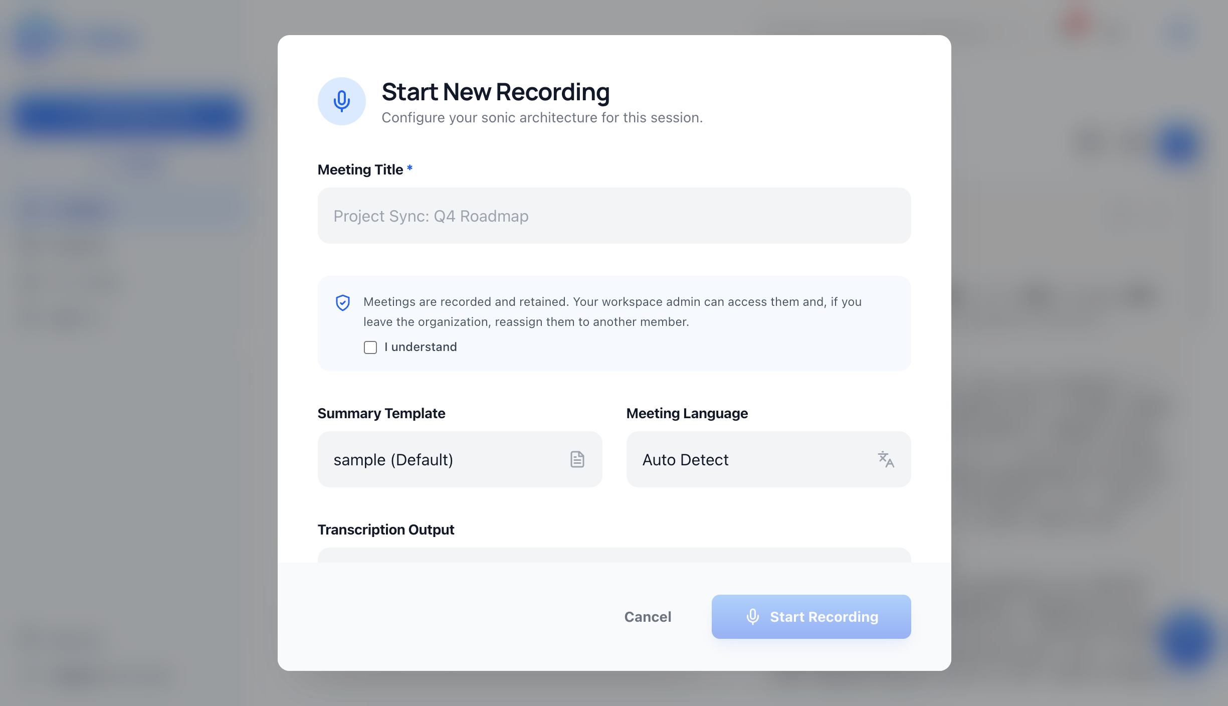 V-Note's new-recording setup — meeting title, summary template and language