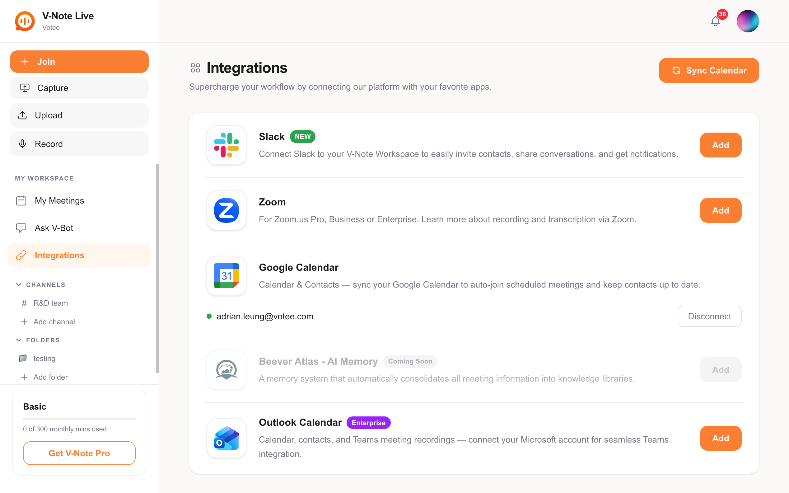 V-Note Live's integrations page — Slack, Zoom, Google Calendar, Outlook